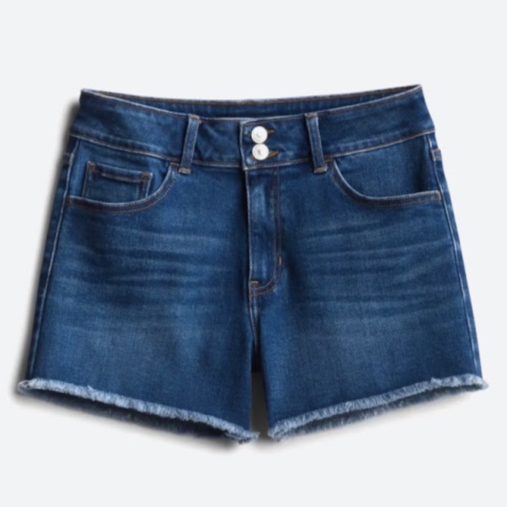 High Rise Fray Hem Double Button Jean Short